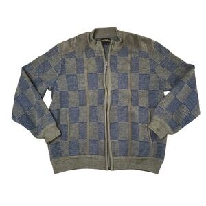 Geiger Full Zip Cardigan Mens 52 L Green Blue Wool Cotton Austrian Check Sweater